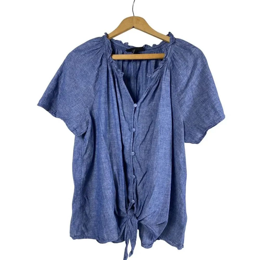Lane Bryant Top 14 XL Button Up Chambray Tie Front Blue Pin Up Preppy Linen Blnd - Picture 2 of 9